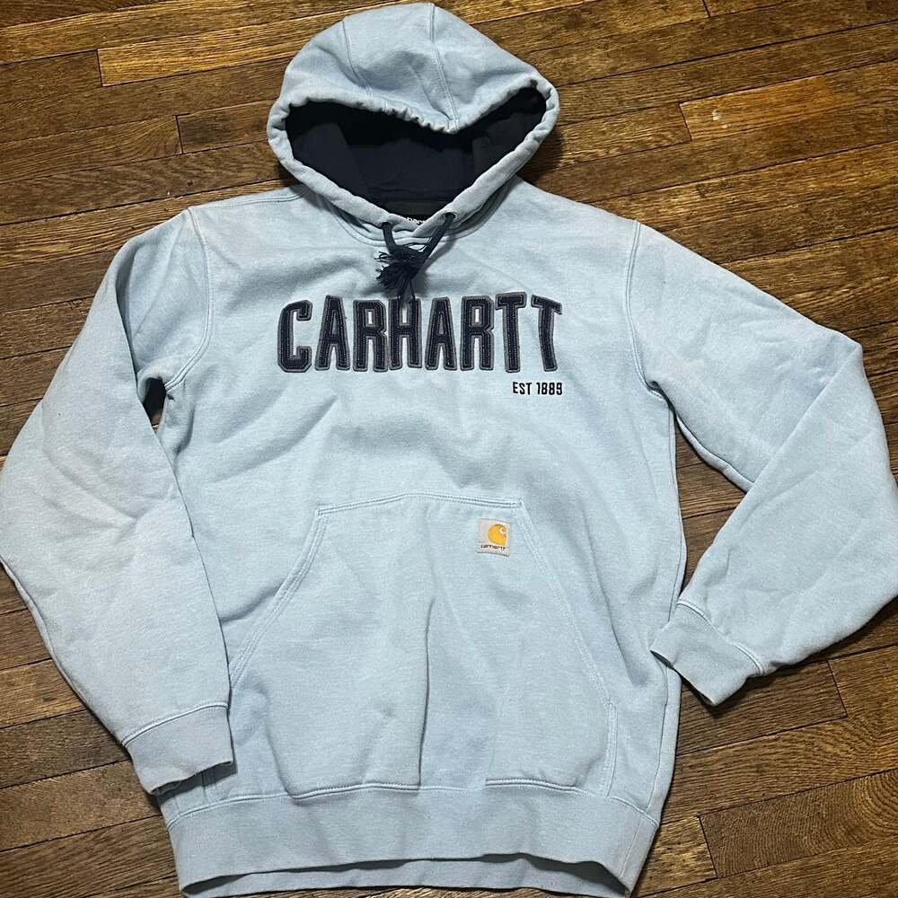 Carhartt Loose Fit Midweight Felt Logo Graphic Hoodie in Sky Blue